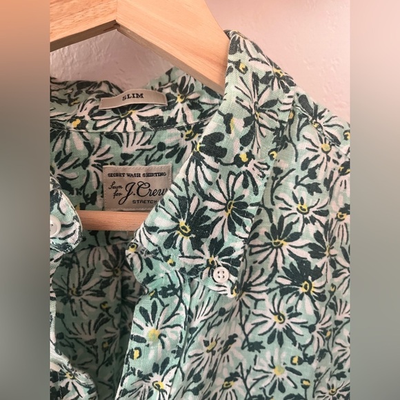J. Crew Green and White Floral Casual Linen Shirt Men Slim Fit Medium - Picture 4 of 7